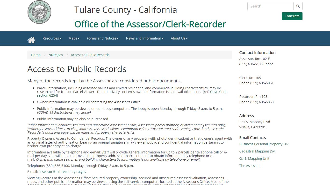 Access to Public Records - Assessor - Tulare County, California