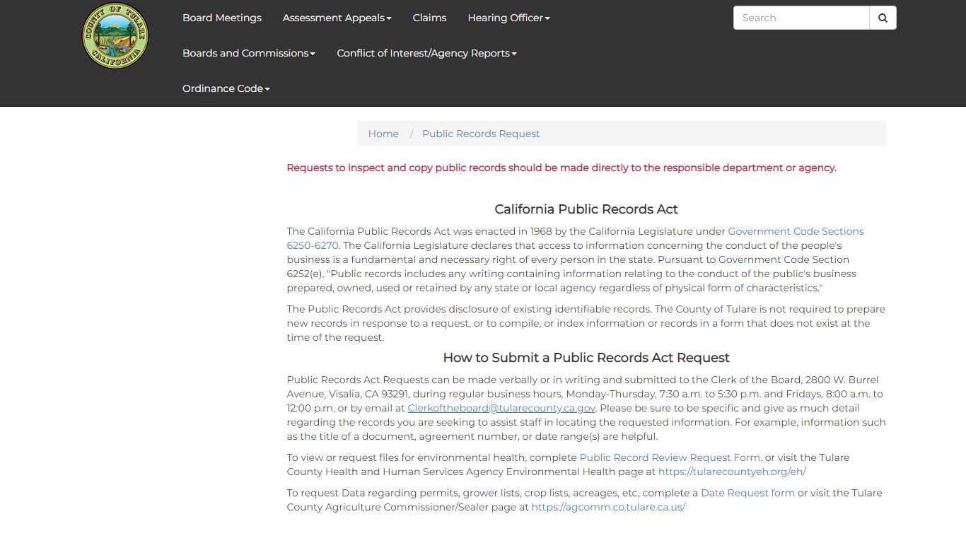 Public Records Request - Clerk of the Board - Tulare County, California